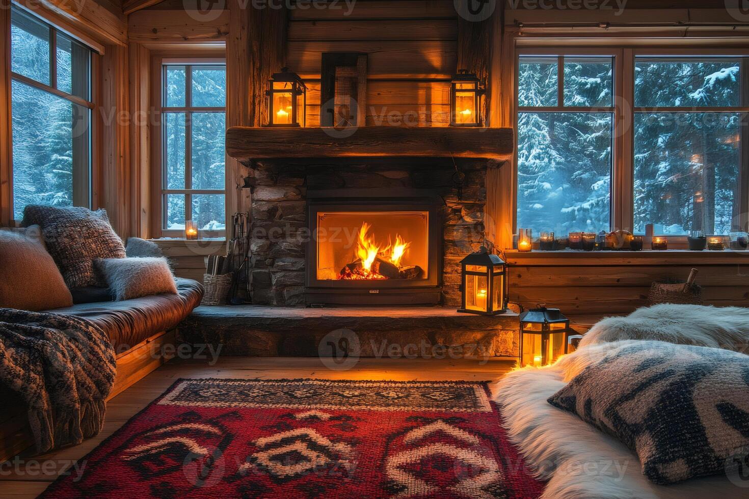 Burning fireplace warming cozy living room in winter chalet. photo