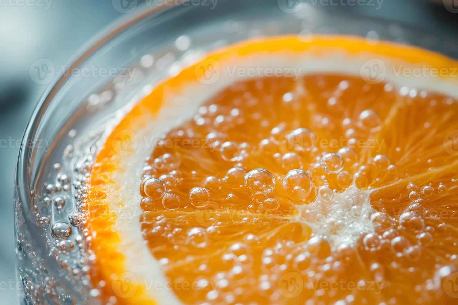 Orange slice submerged in sparkling water with bubbles photo