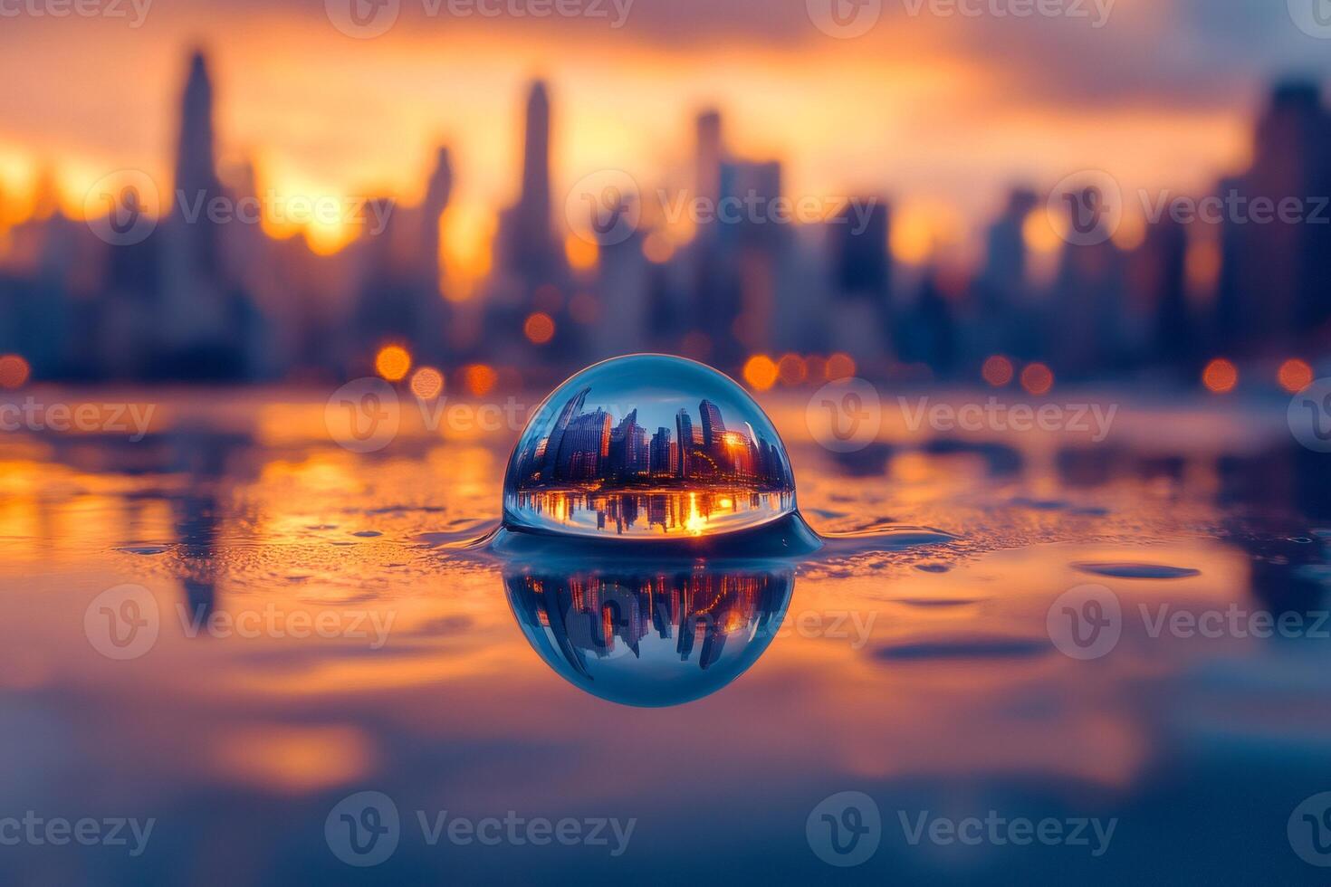 Crystal ball reflecting cityscape during golden hour sunset photo