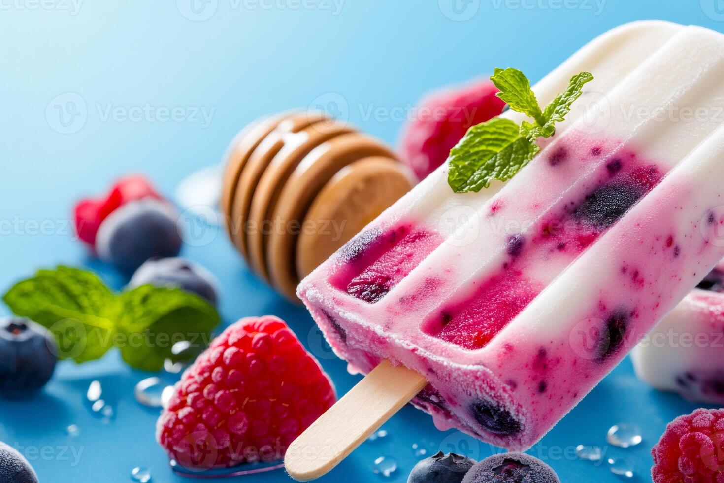 Delicious ice cream popsicle with fresh fruits and honey dripping on blue background photo