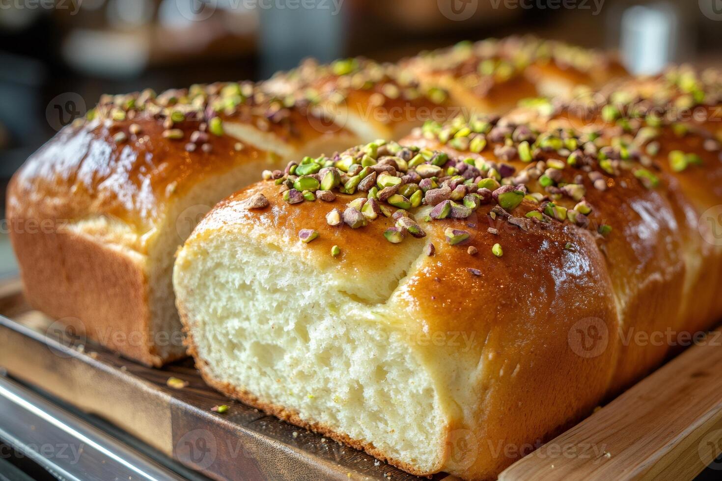 Delicious homemade brioche bread with pistachios topping on wooden board photo