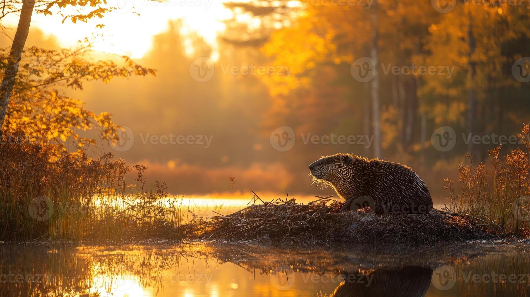 Eurasian beaver sitting on its lodge at sunrise in autumn forest photo