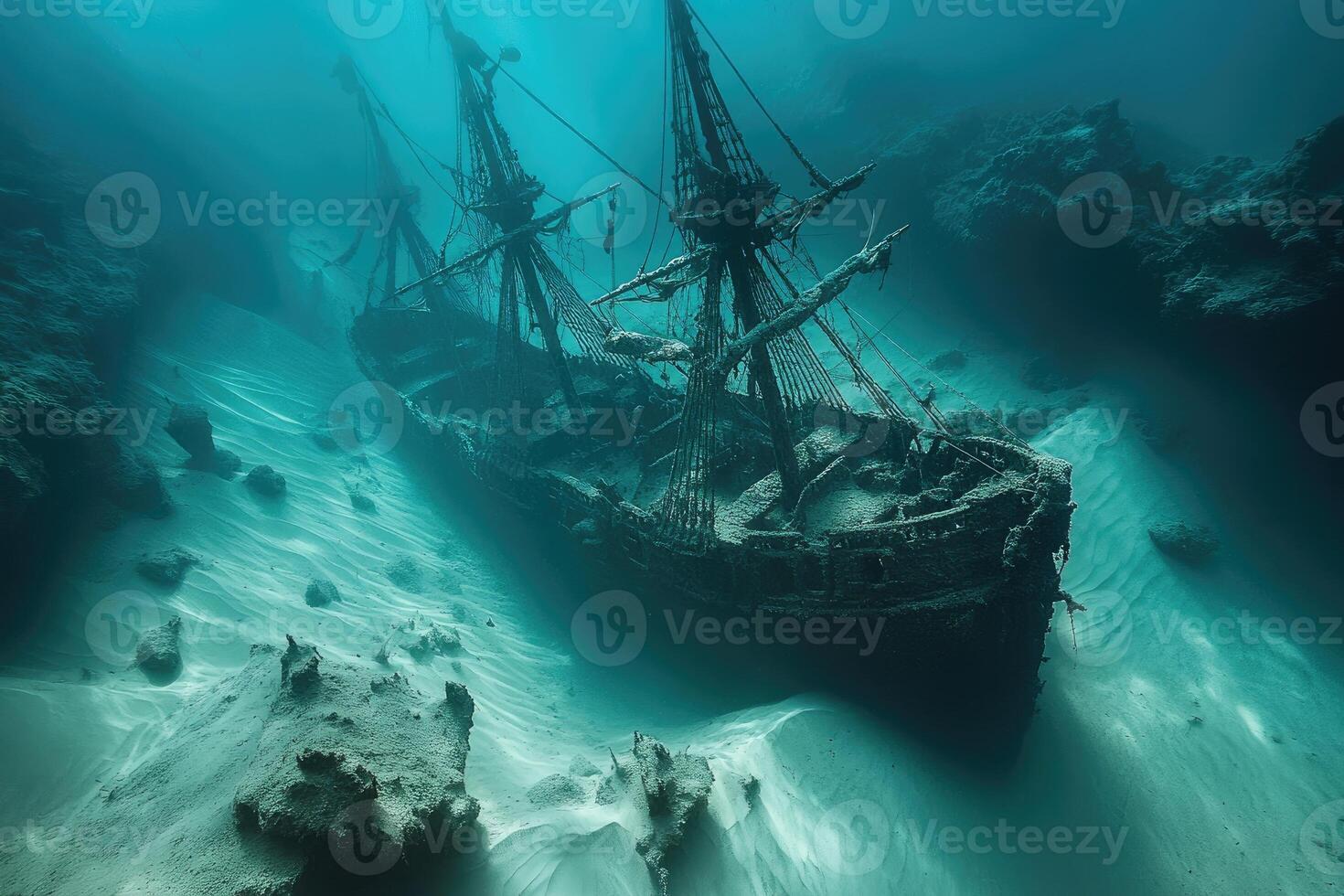 Ancient sunken shipwreck resting on the ocean floor photo