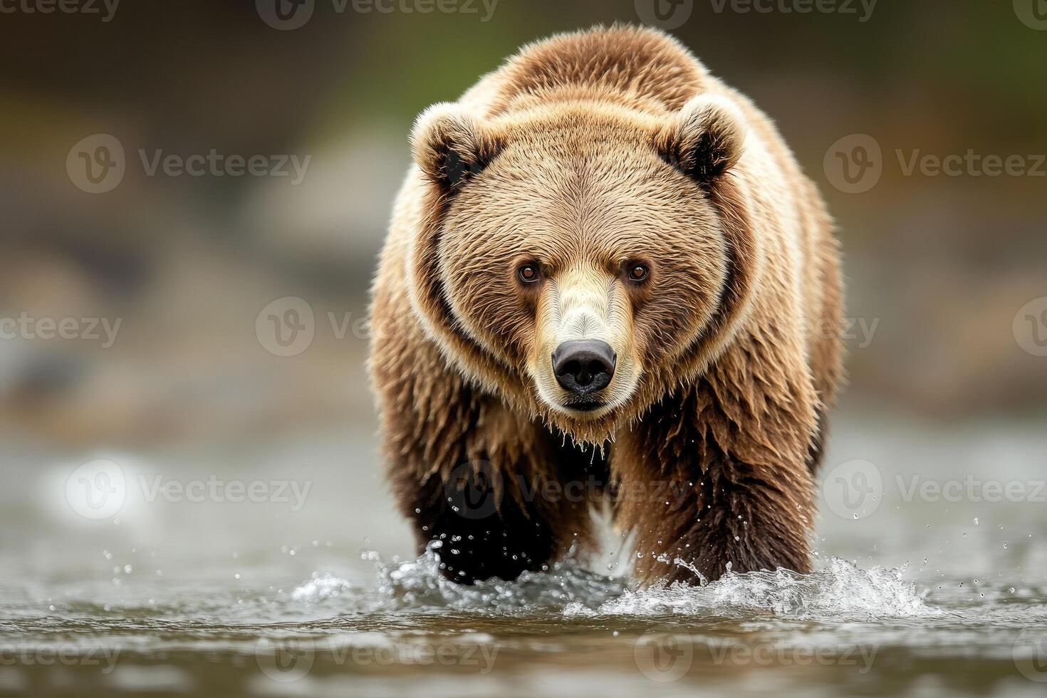 Large brown bear walking in river looking forward photo
