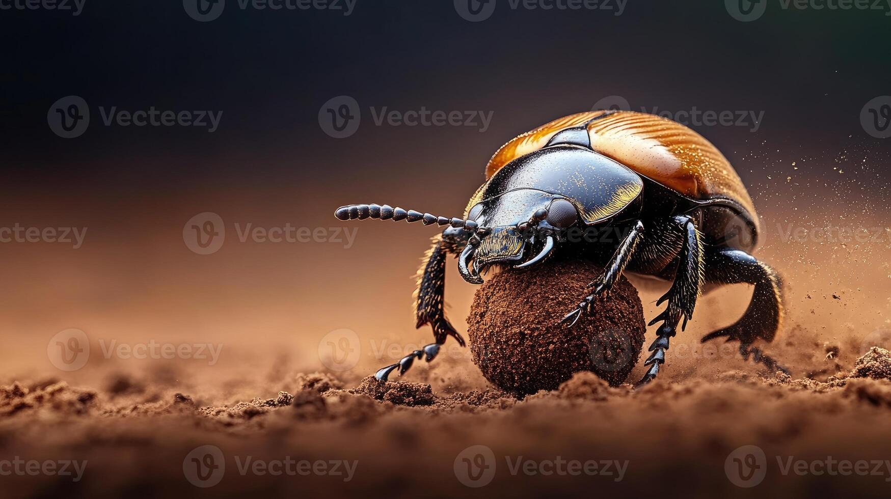 Dung beetle pushing ball of dung on dirt ground photo