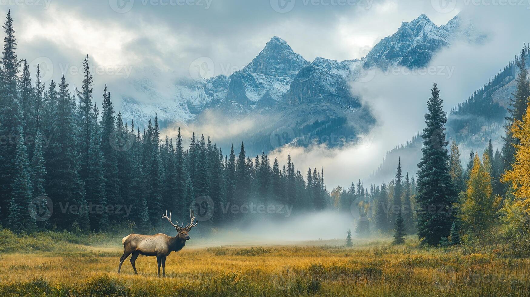 Majestic elk standing in a misty valley with snowy mountains and pine trees photo