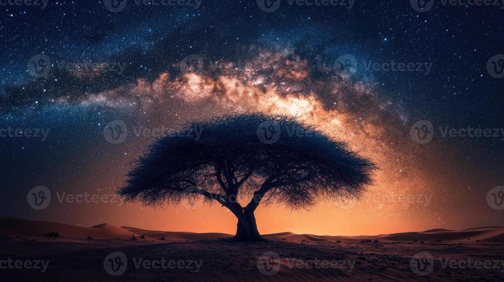 Lonely tree standing in desert under milky way galaxy at night photo
