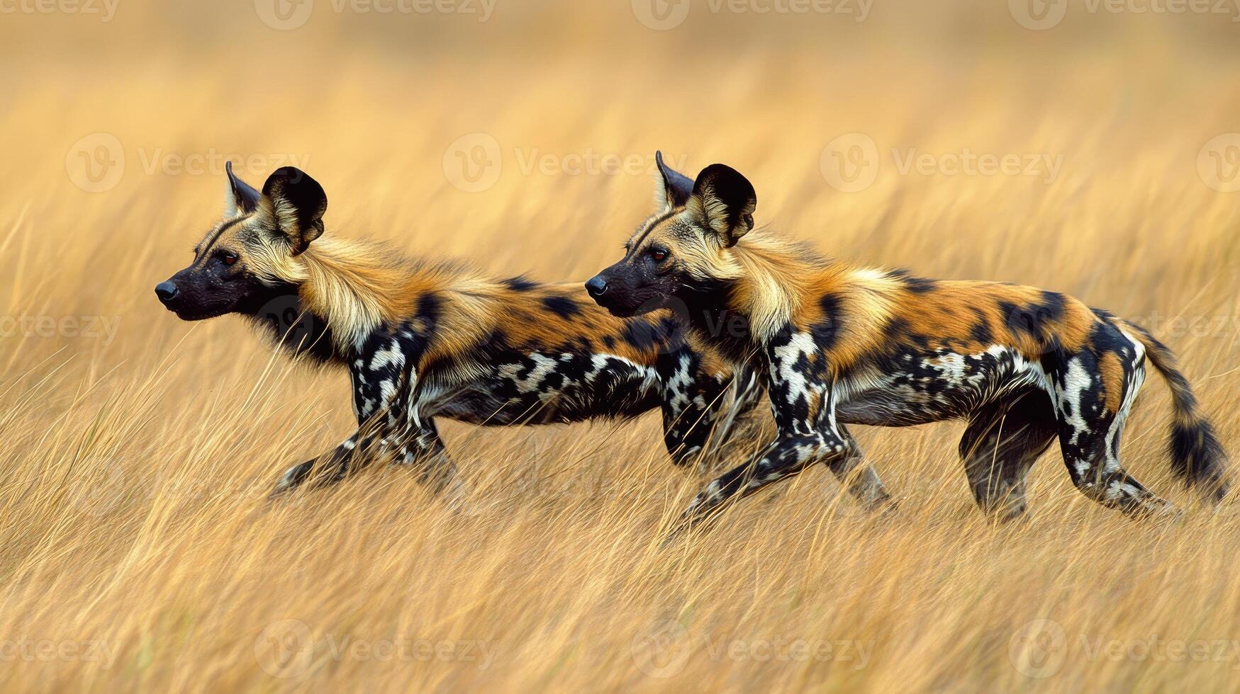 Two african wild dogs running in savanna grassland photo
