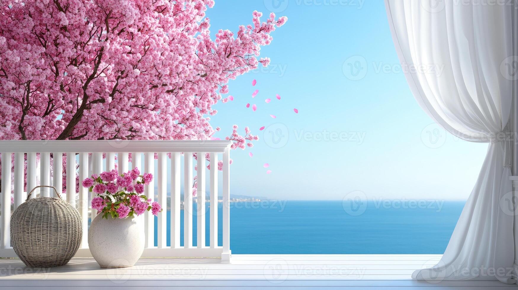 Blooming cherry tree decorating balcony overlooking tranquil ocean in spring photo