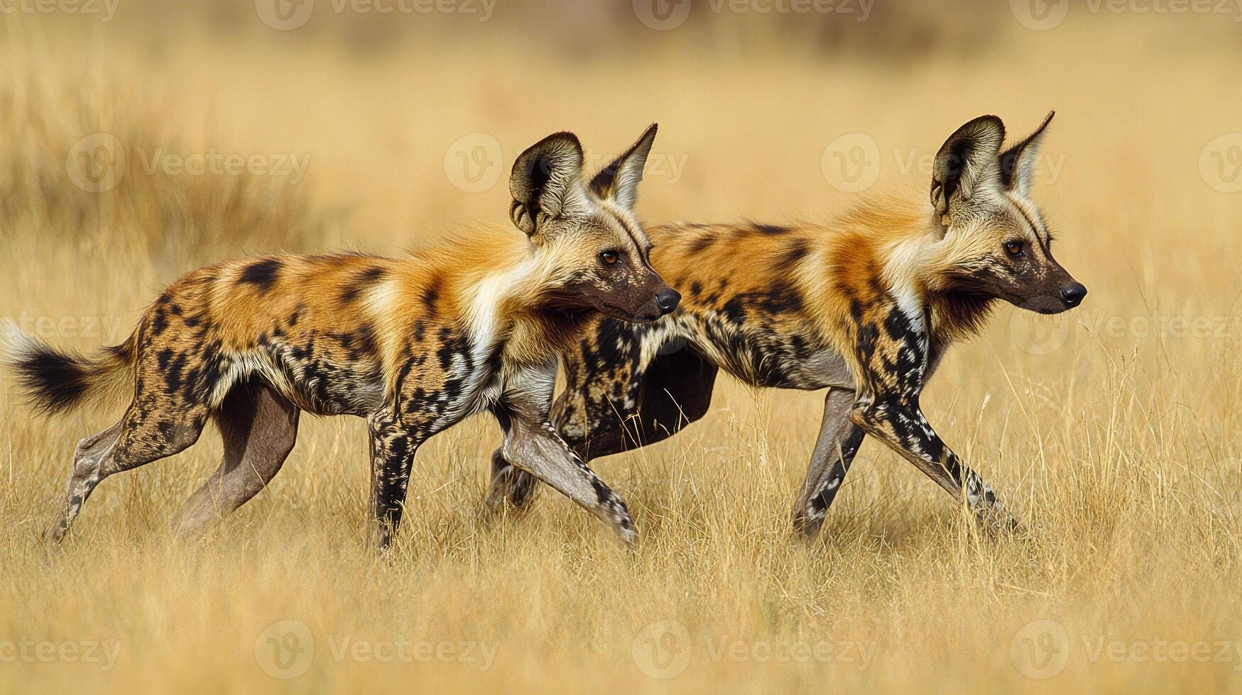 Two african wild dogs walking in savanna grassland photo