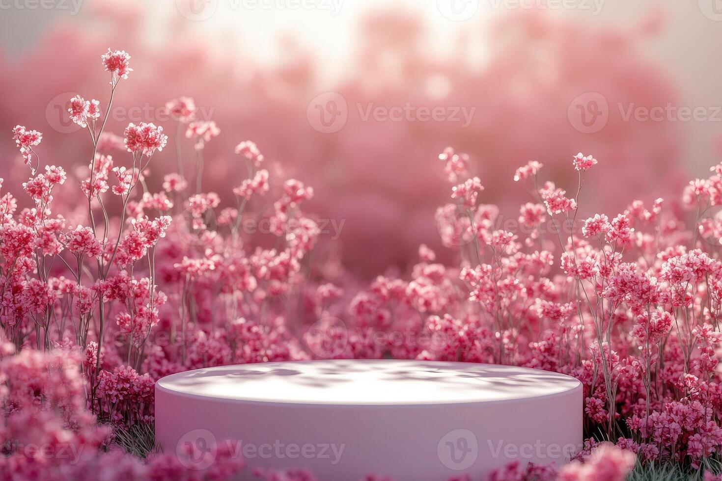 Pink podium showcasing products in a beautiful flower field setting photo