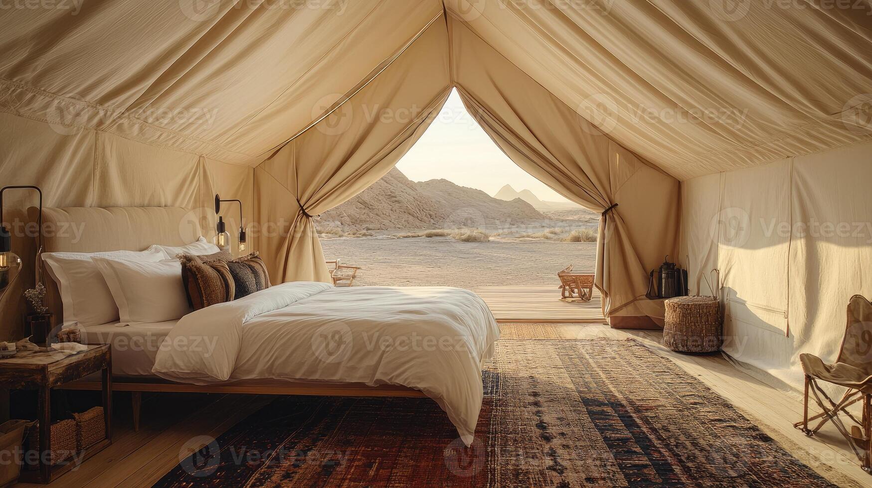 Glamping tent interior overlooking desert landscape at sunset photo