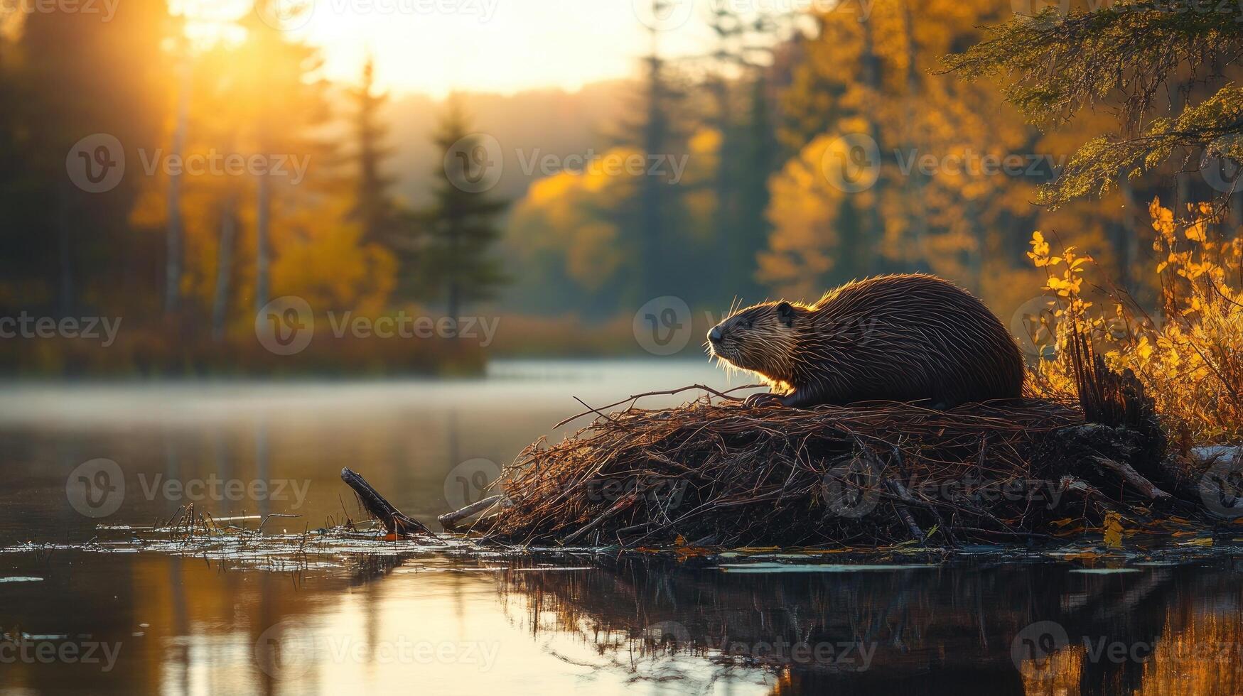Eurasian beaver sitting on its lodge at sunrise in autumn forest. photo
