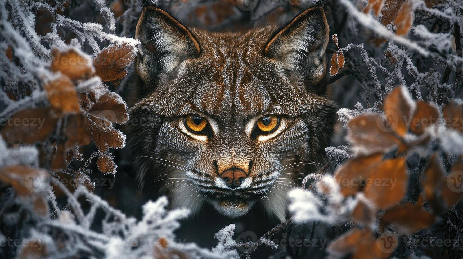 Eurasian lynx hiding in frozen bushes during winter season photo