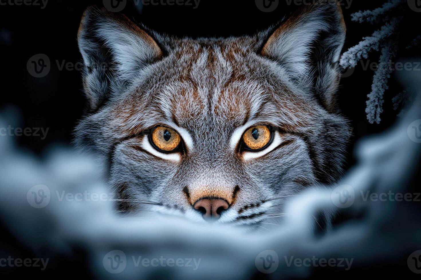 Eurasian lynx hiding in the snow with intense gaze photo