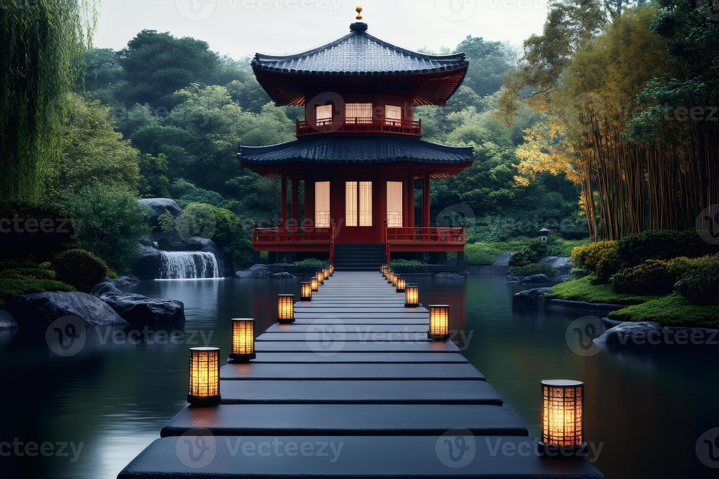 Wooden walkway with lanterns illuminating path to pagoda in a beautiful oriental garden photo