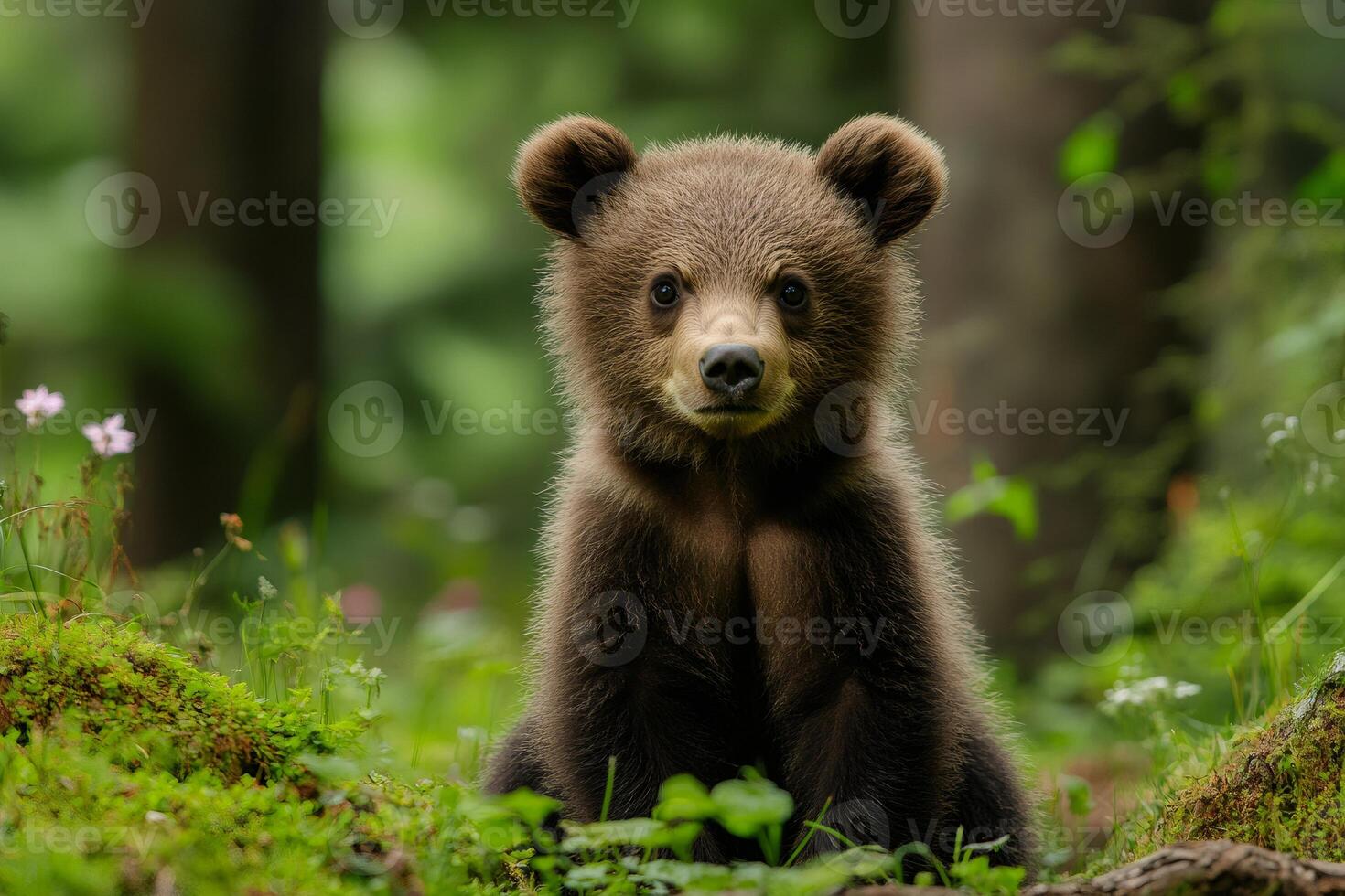Brown bear cub sitting in green forest photo
