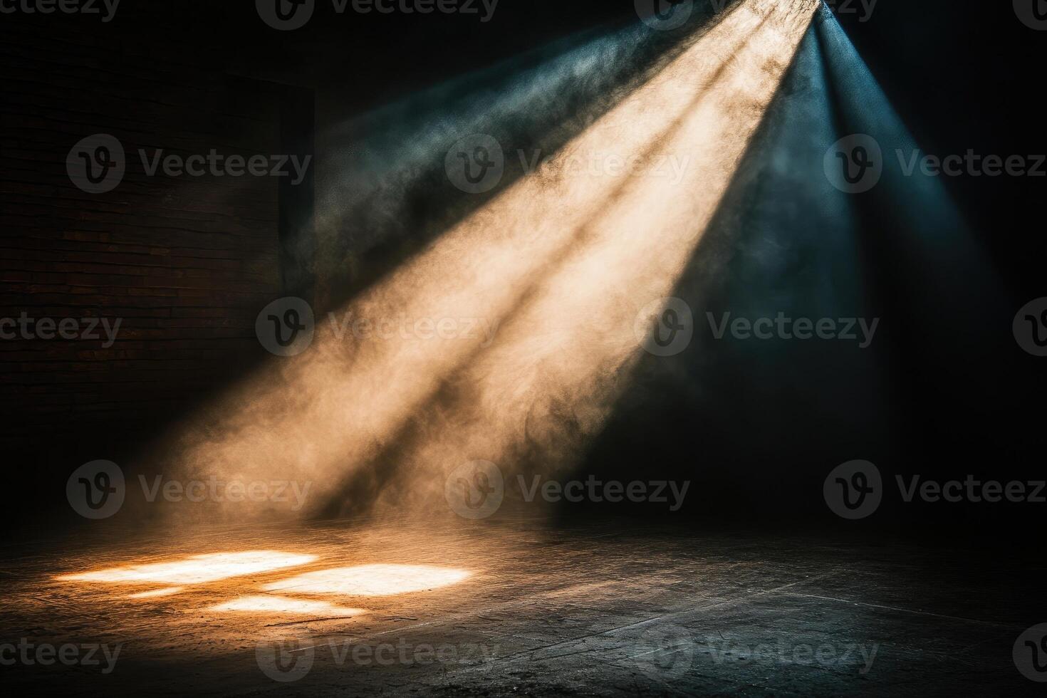 Light beams shining through smoke in dark room with brick wall photo