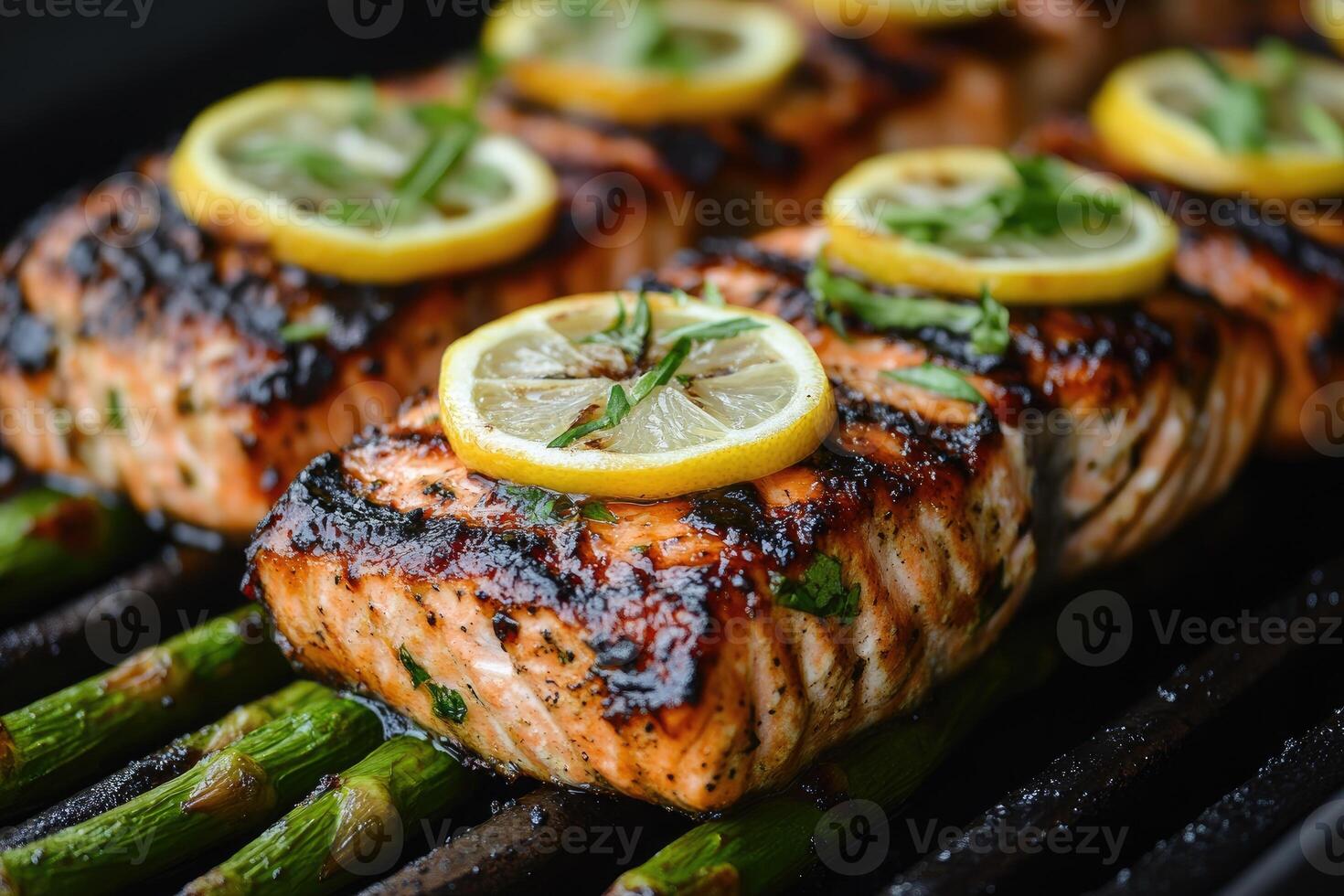 Grilled salmon steaks with lemon and herbs grilling on barbecue photo