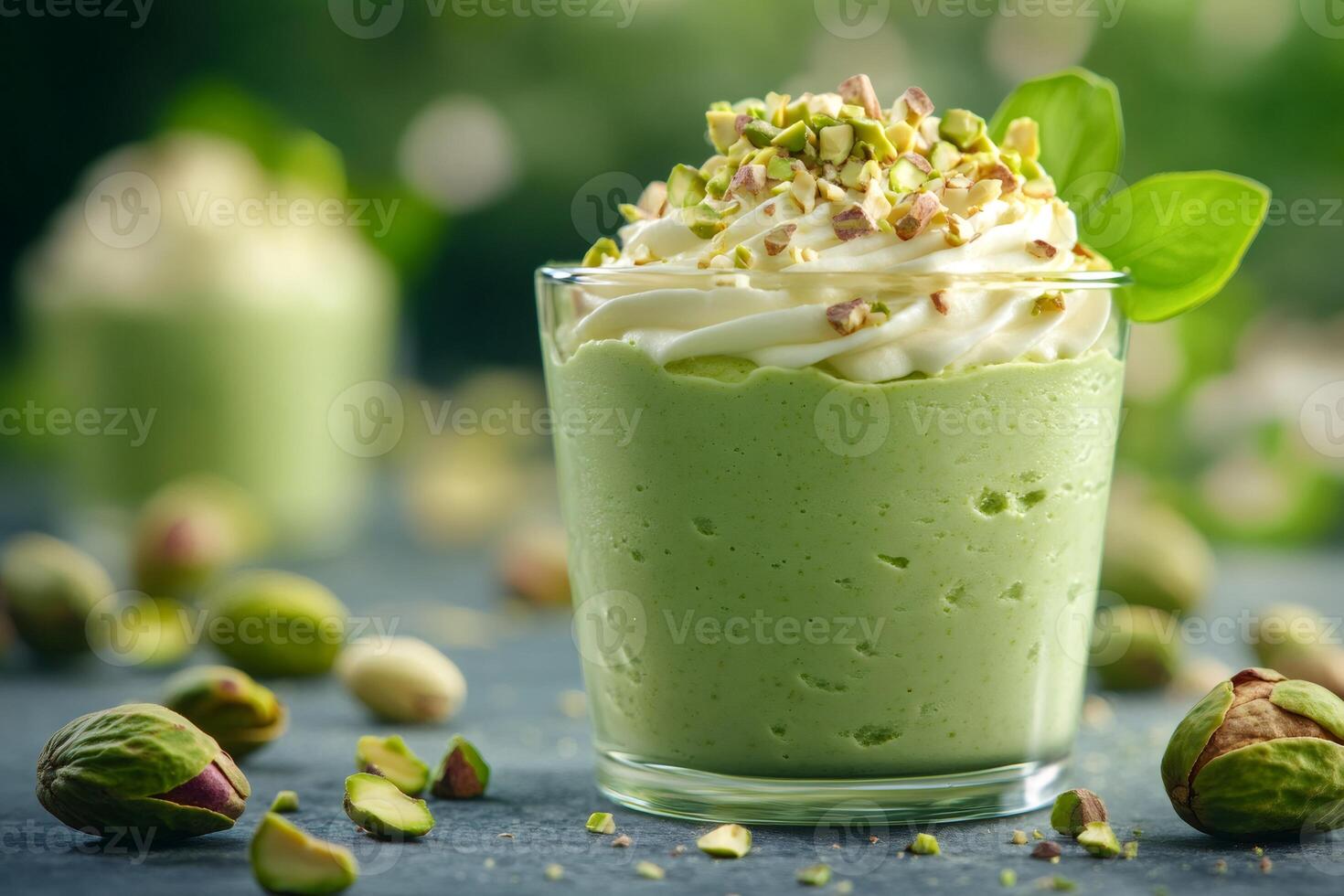 Delicious pistachio dessert garnished with whipped cream and nuts photo