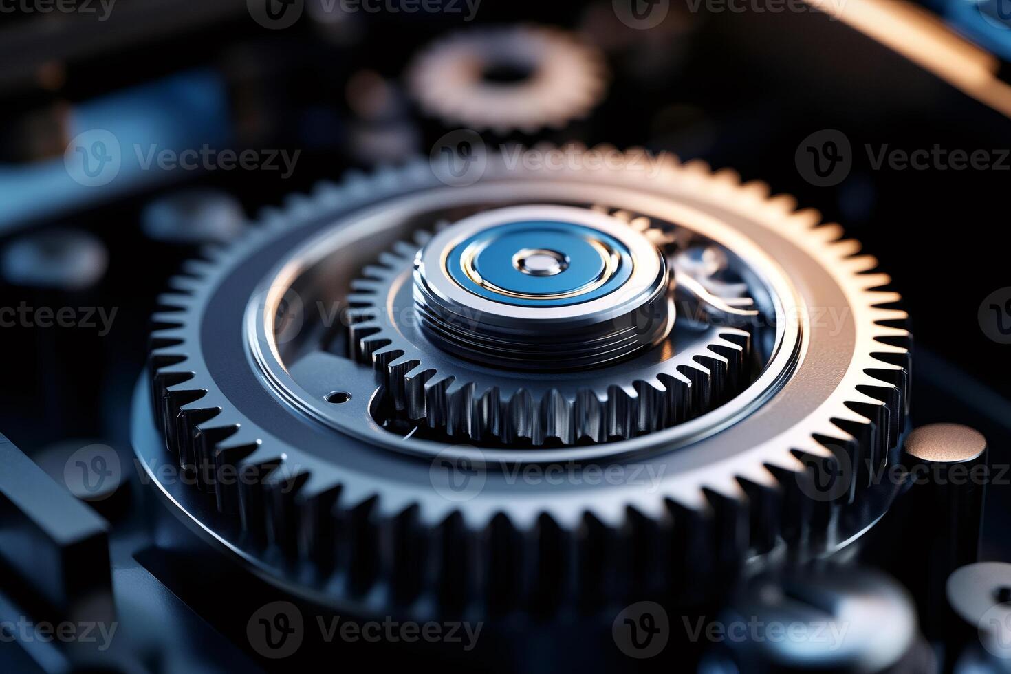 Close up view of interlocking gears rotating smoothly in complex mechanism photo