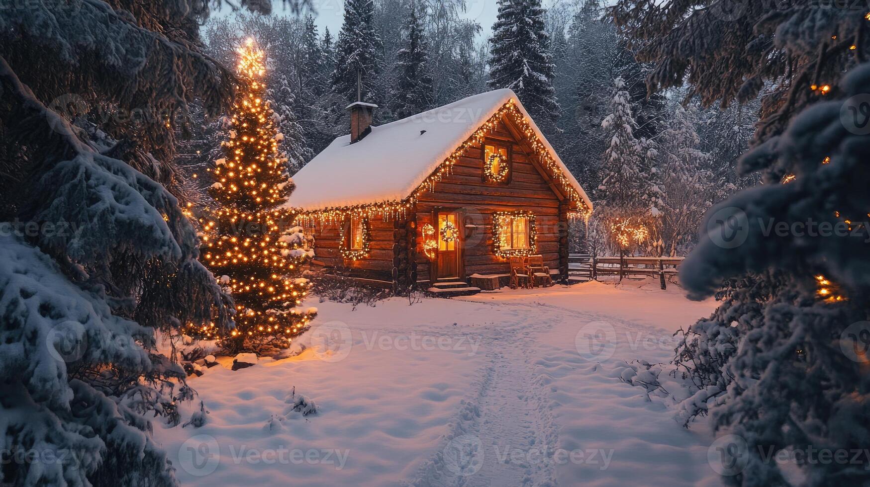 Christmas illuminated log cabin in snowy woods at twilight photo