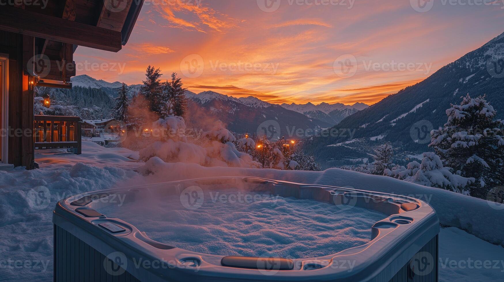 Steaming hot tub overlooking scenic mountain valley at sunset in winter photo