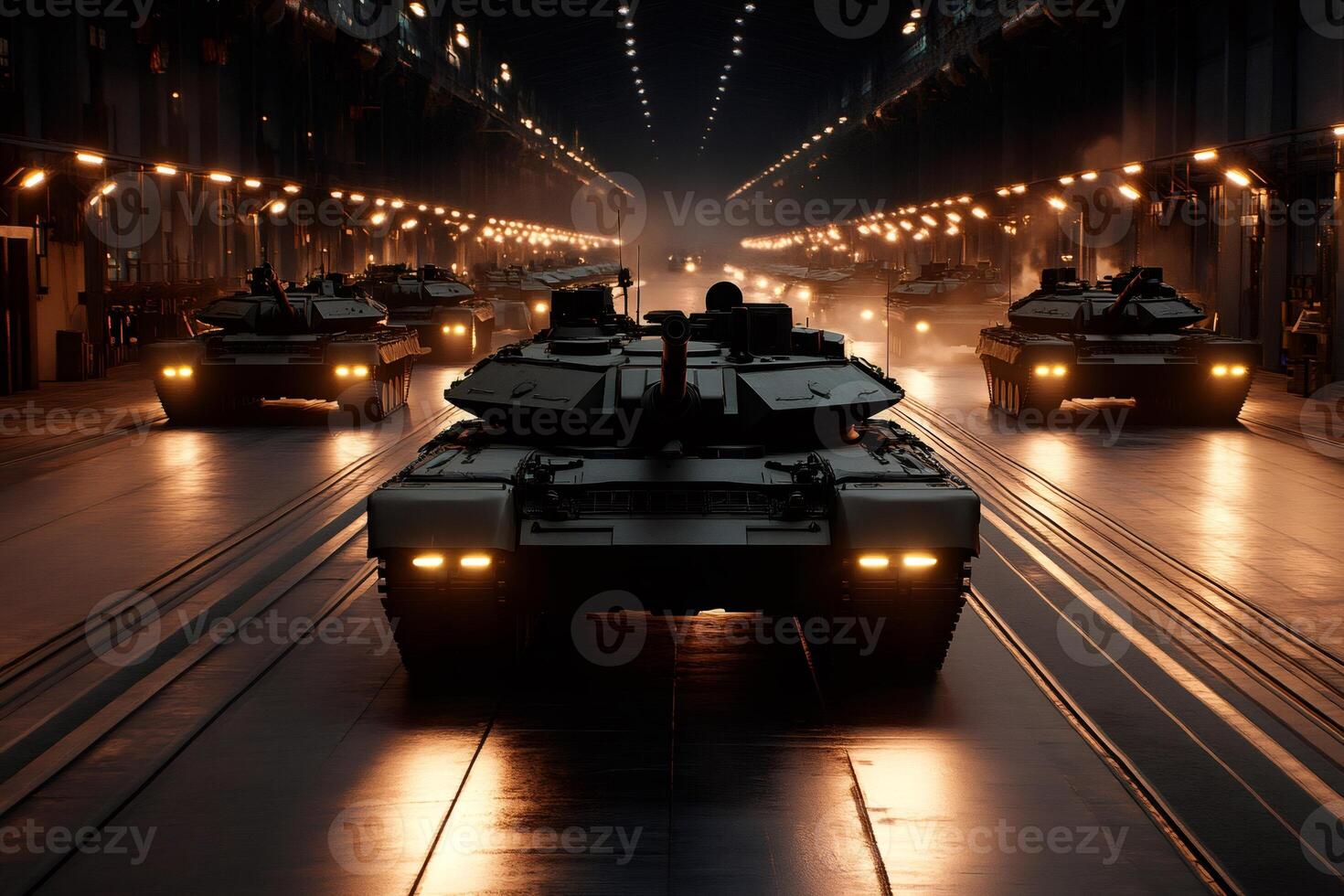 Military tanks parked in a row inside a garage at night, ready for action photo