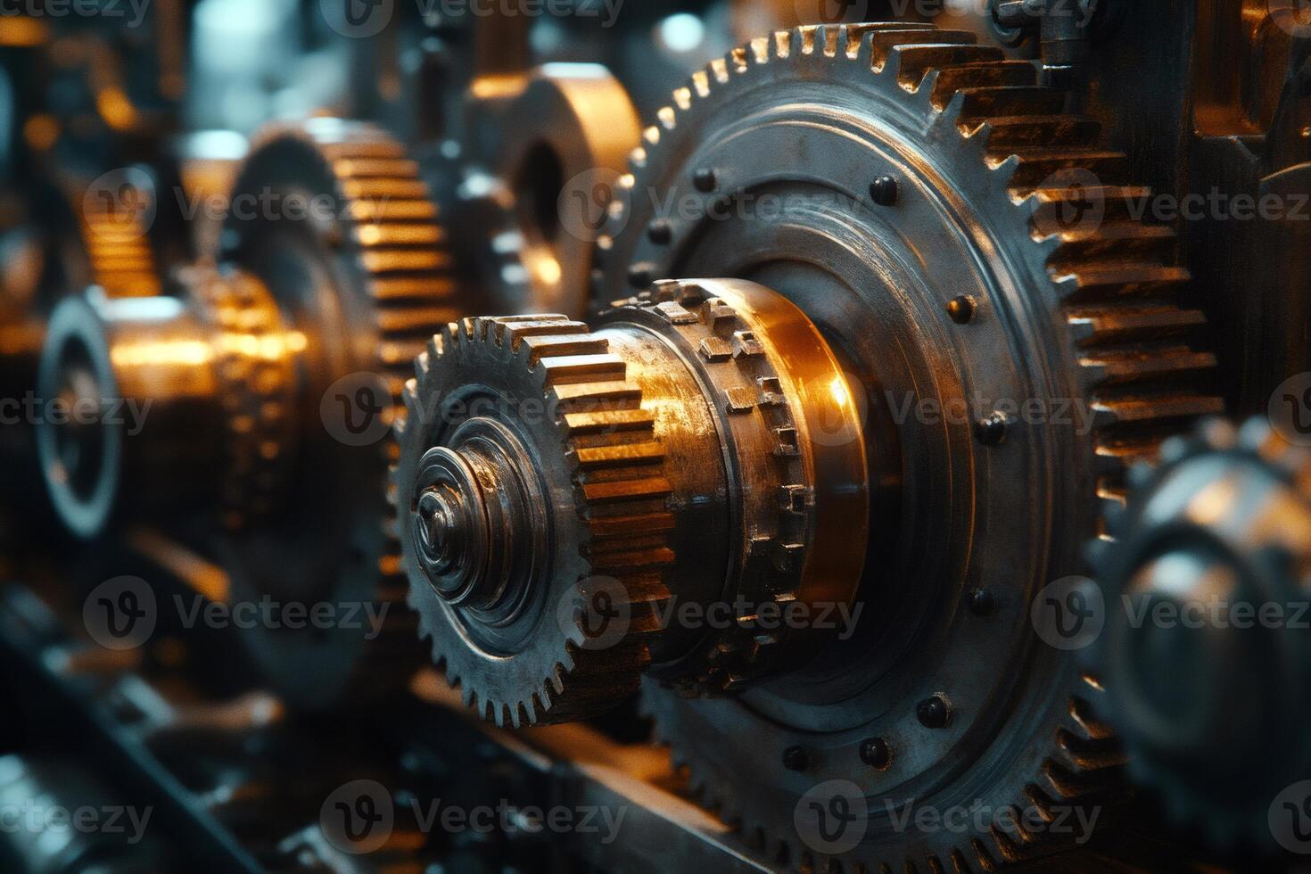 Close up of interlocking gears rotating in complex machinery photo