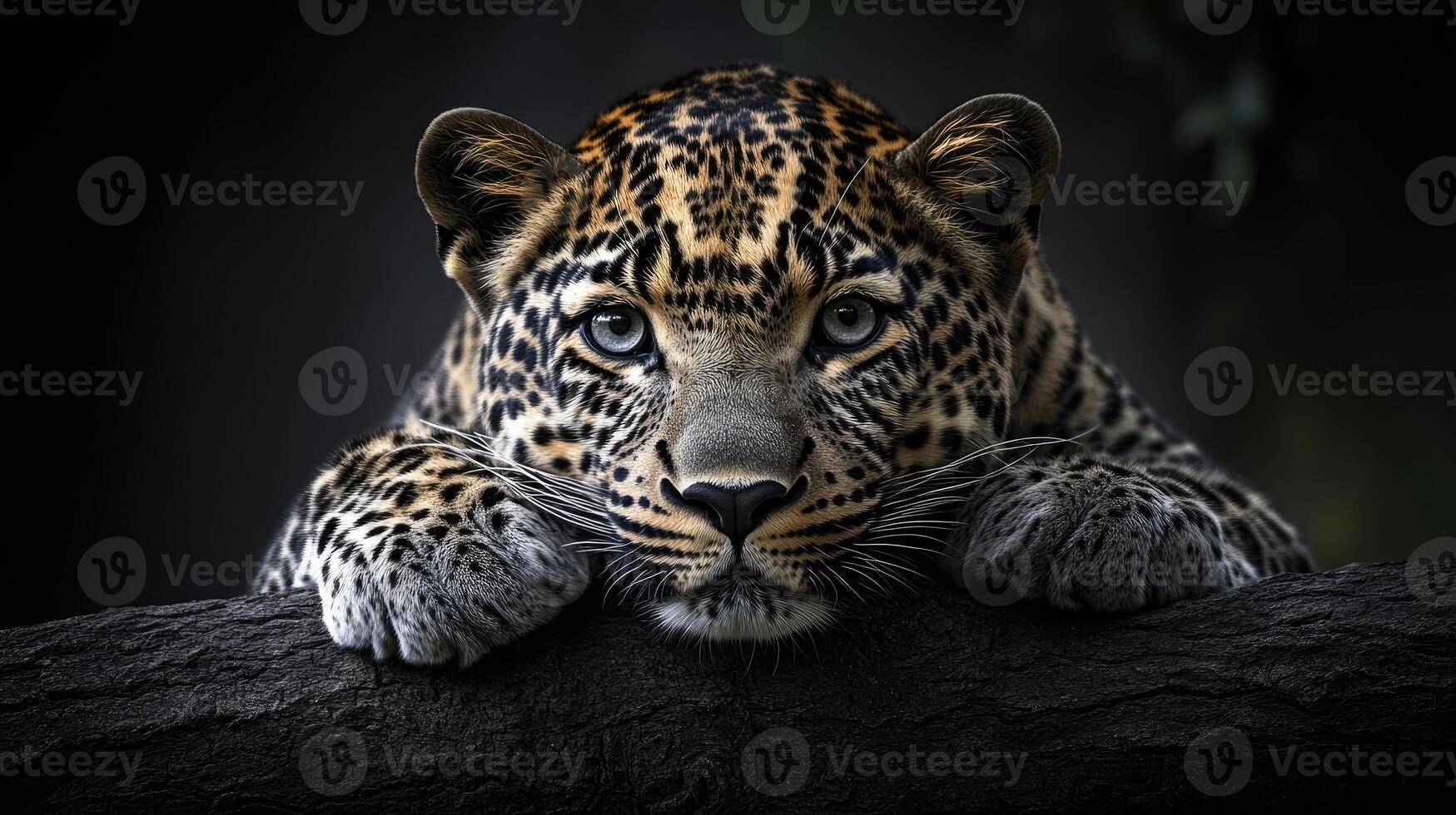Leopard resting on a branch with intense gaze photo