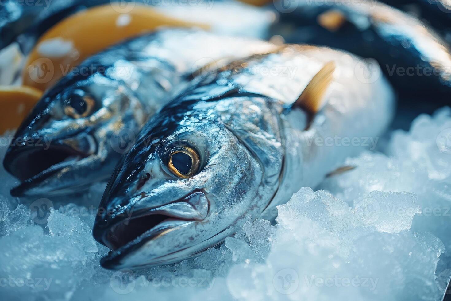 Fresh fish resting on a bed of ice in fish market photo