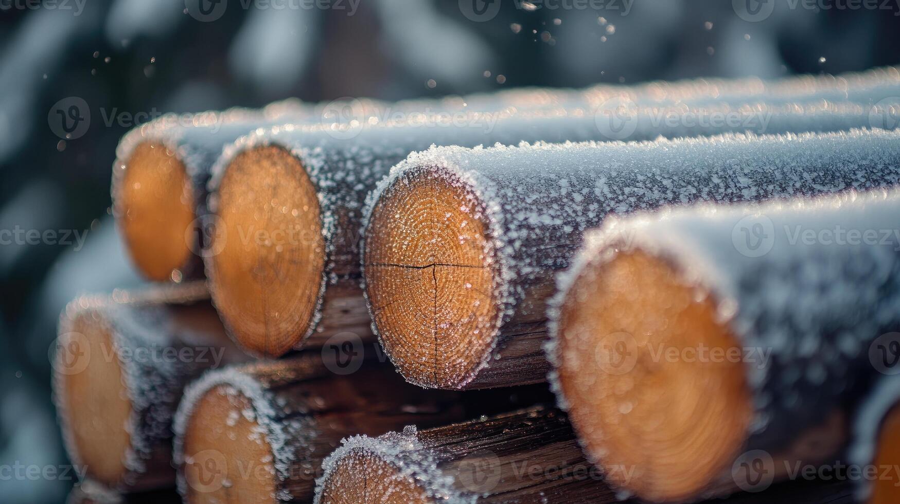Stack of logs covered with frost during winter photo