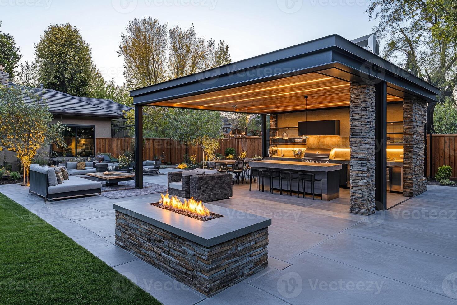 Modern outdoor kitchen and lounge area illuminating backyard at dusk photo