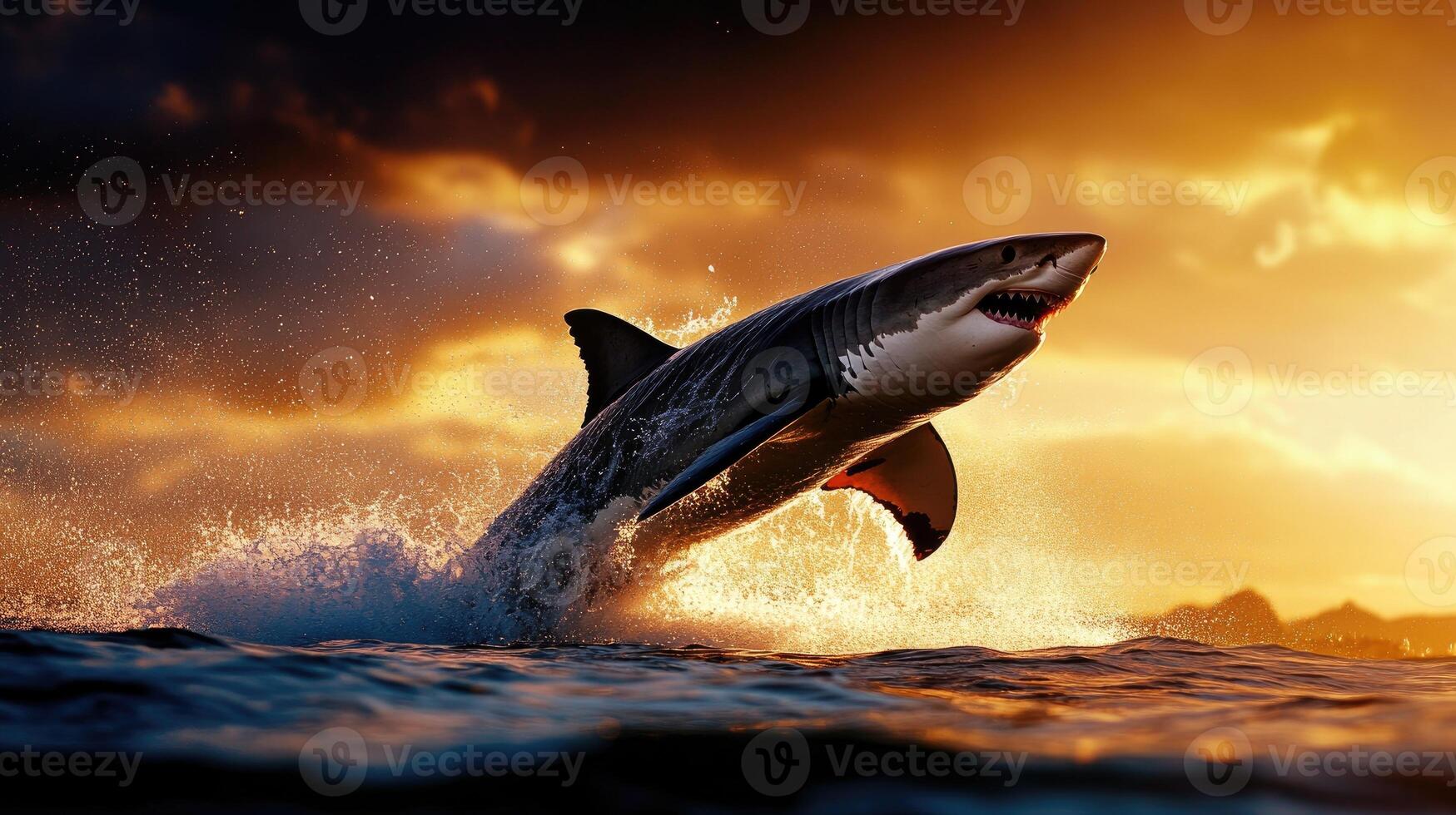 Great white shark jumping out of the water at sunset photo