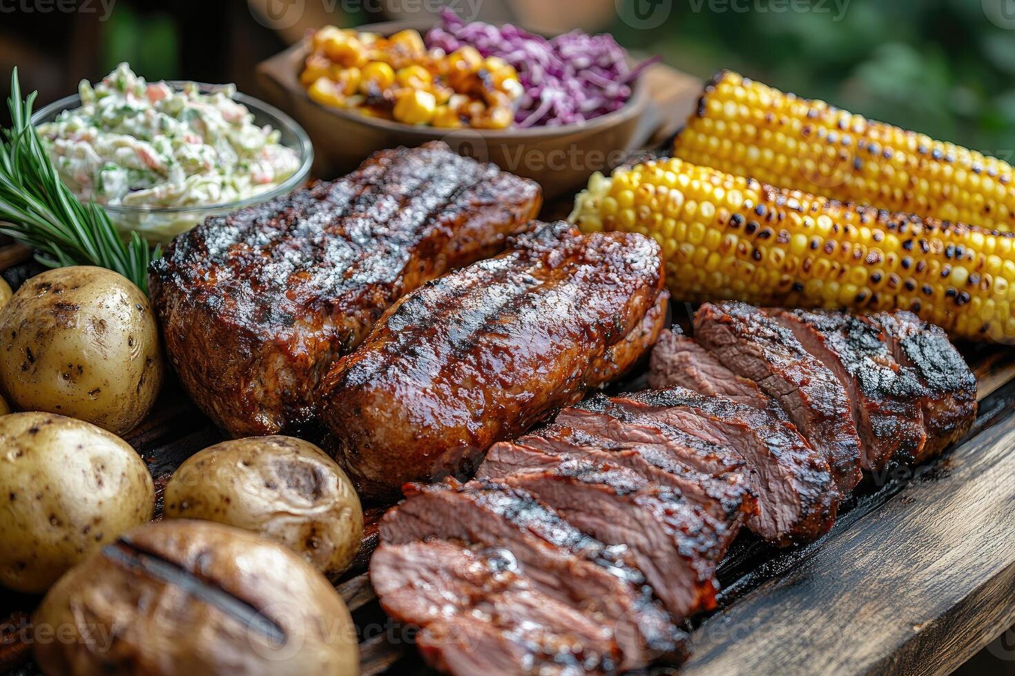 Grilled barbecue tri tip steak with roasted vegetables enjoying summer meal photo