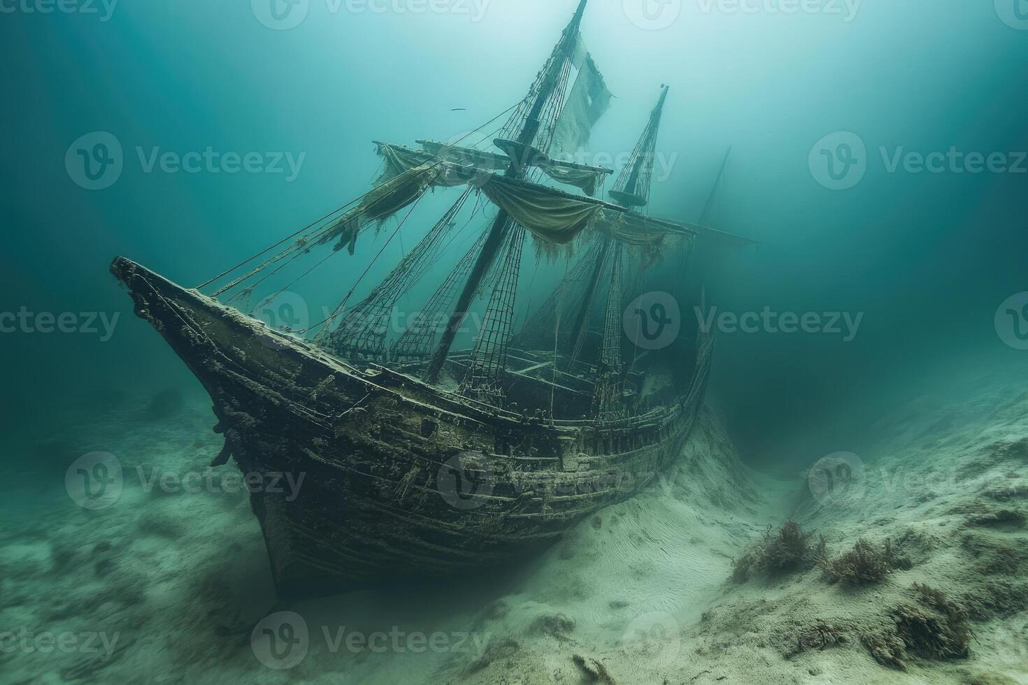 Sunken shipwreck resting on the ocean floor with torn sails photo