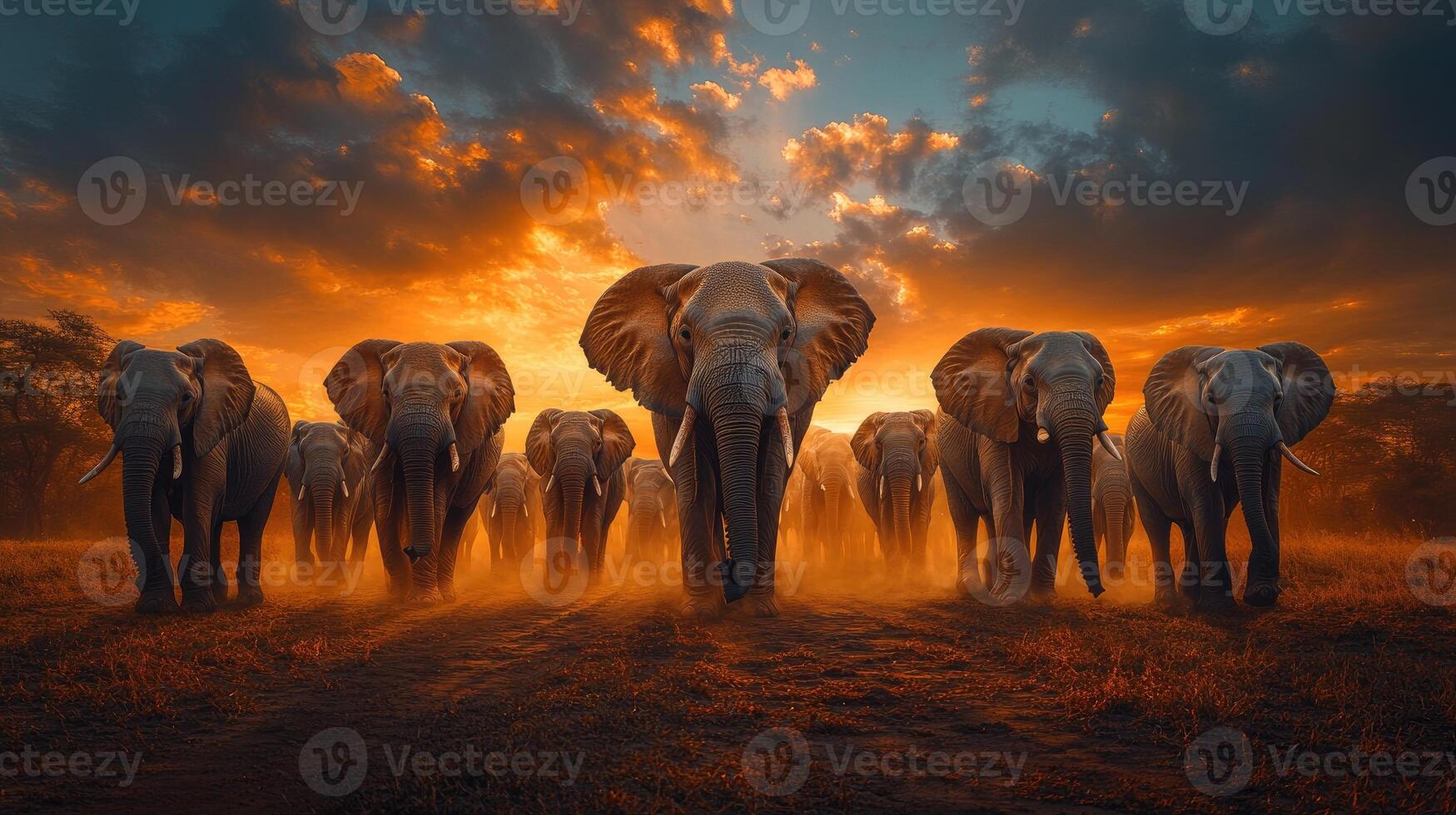 Elephant herd walking towards observer at sunset in african savanna photo