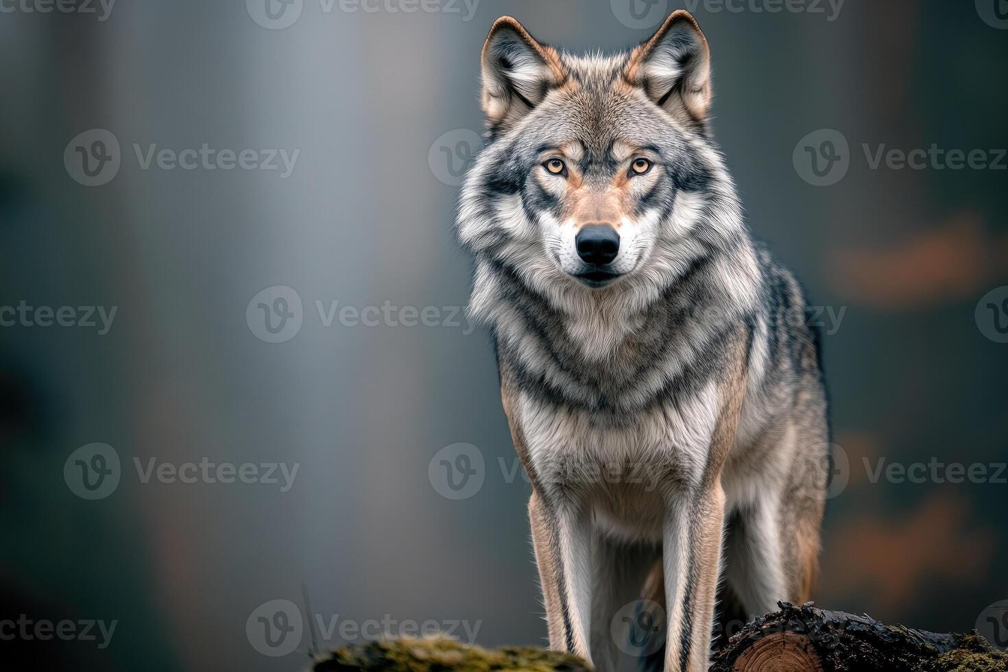 Gray wolf standing on a log, staring with intense gaze photo