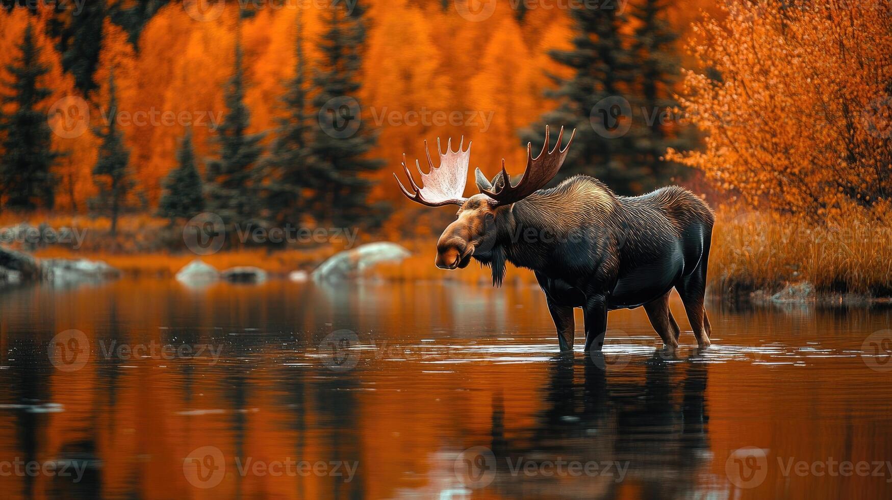Majestic moose cooling down in a lake on an autumn day photo