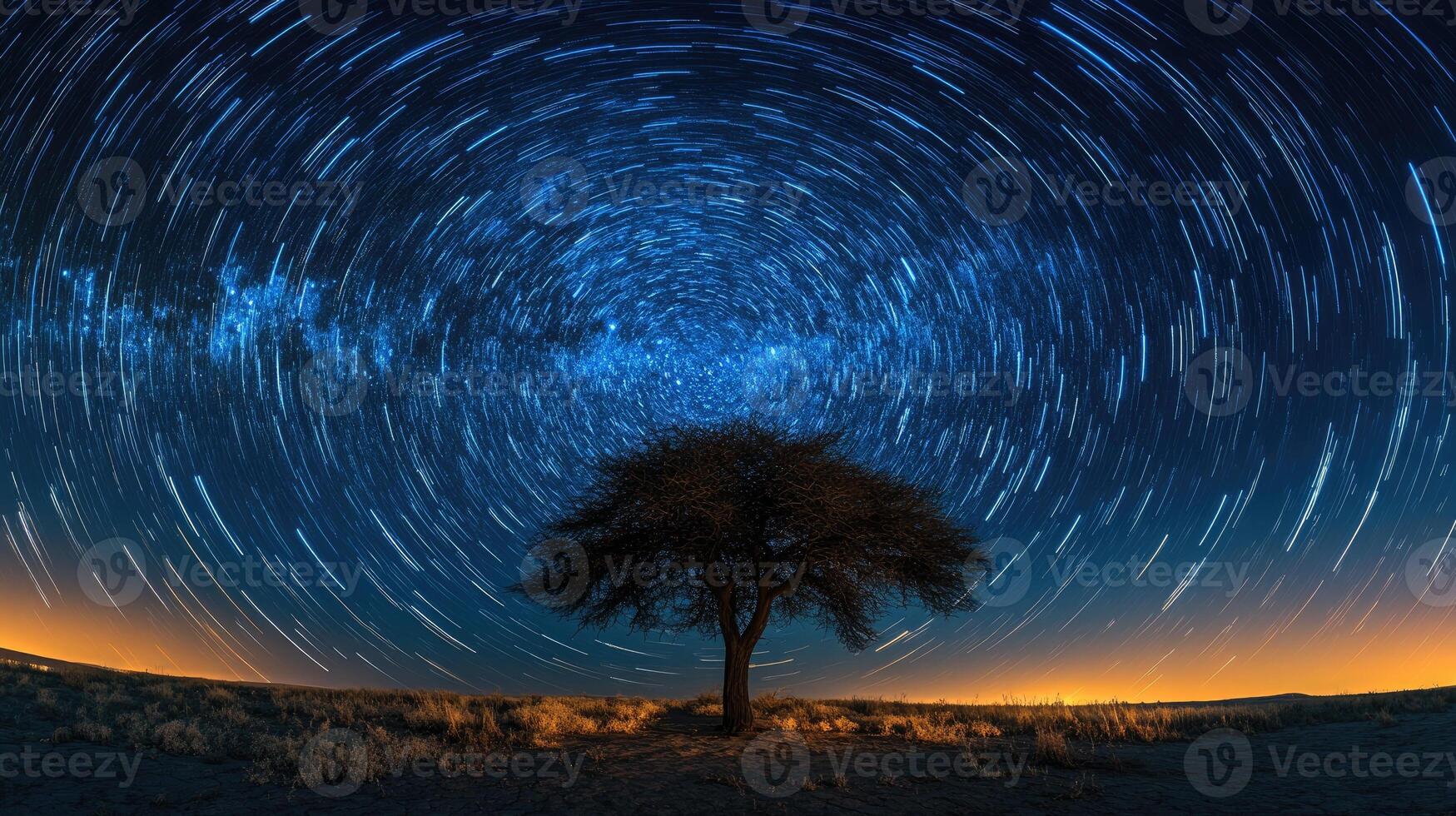 Star trails rotating around a lone tree in the desert night photo