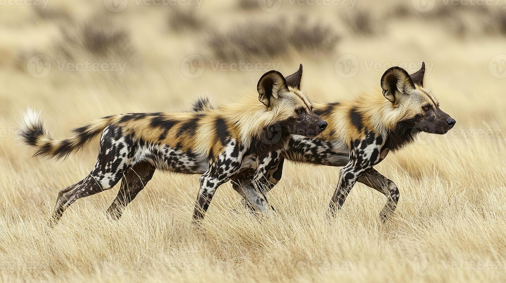 Two african wild dogs running in the savanna. photo