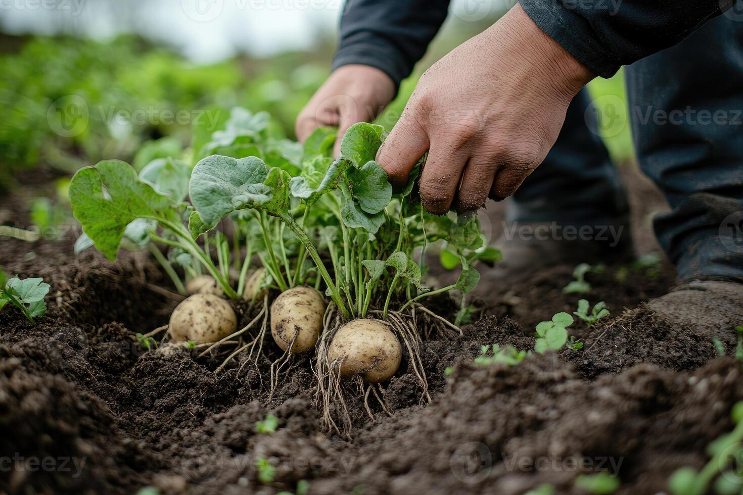 Farmer harvesting potatoes in cultivated soil on sunny day photo