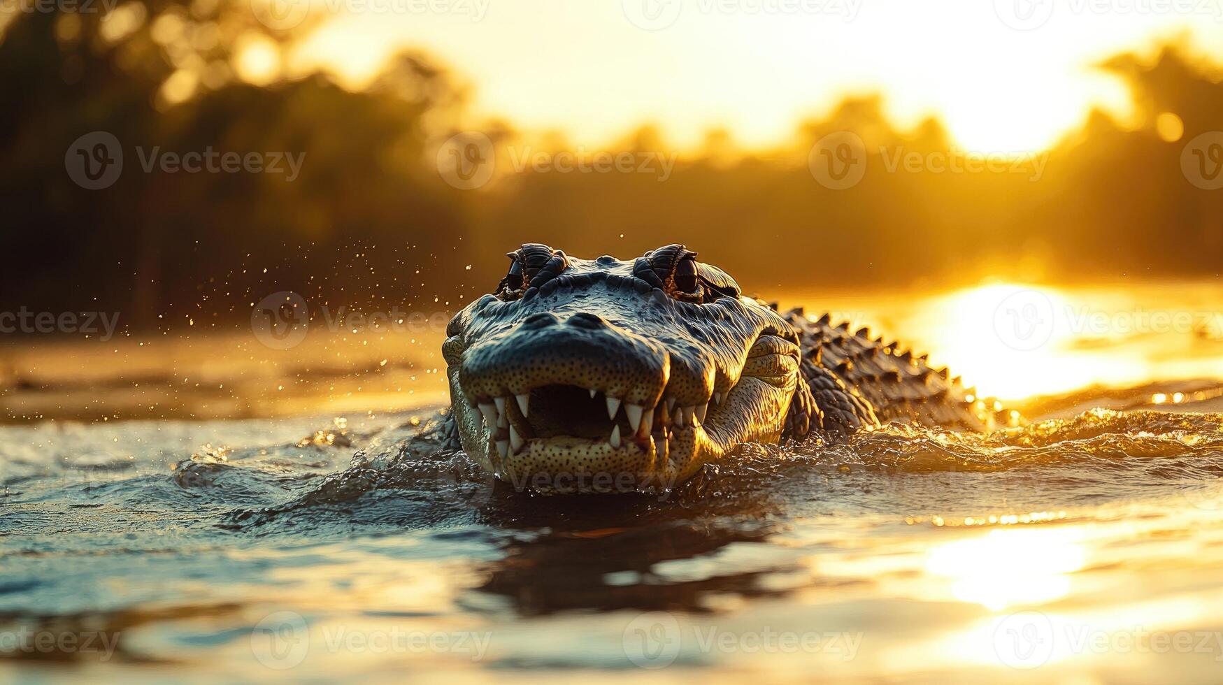 American alligator swimming in water at sunset with open mouth showing teeth photo