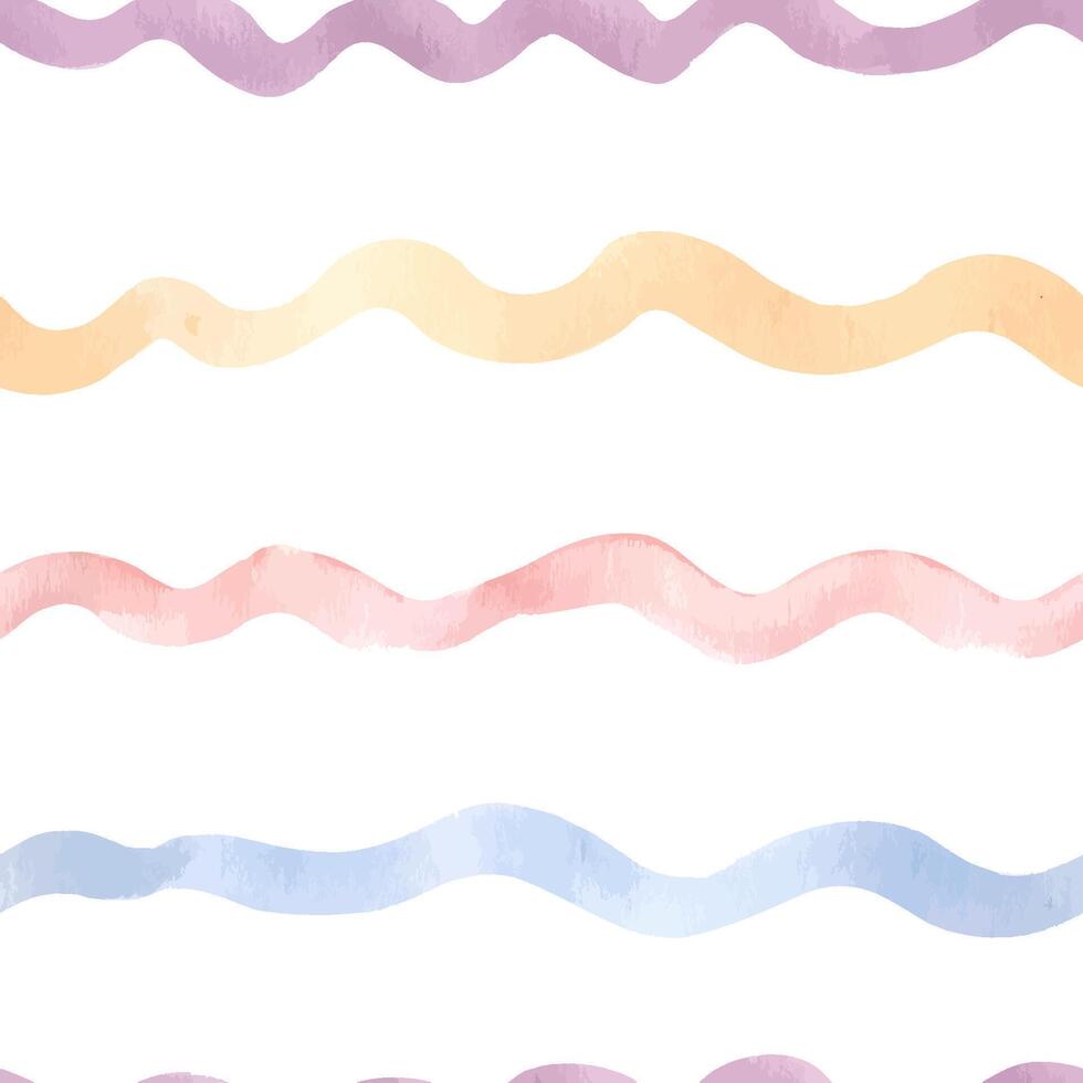 Wavy lines in a gradient of soft colors in watercolor seamless pattern isolated. Lines painted in shades of peach, pink, blue, and lavender for creating marine background. Rippled horizontal texture. vector