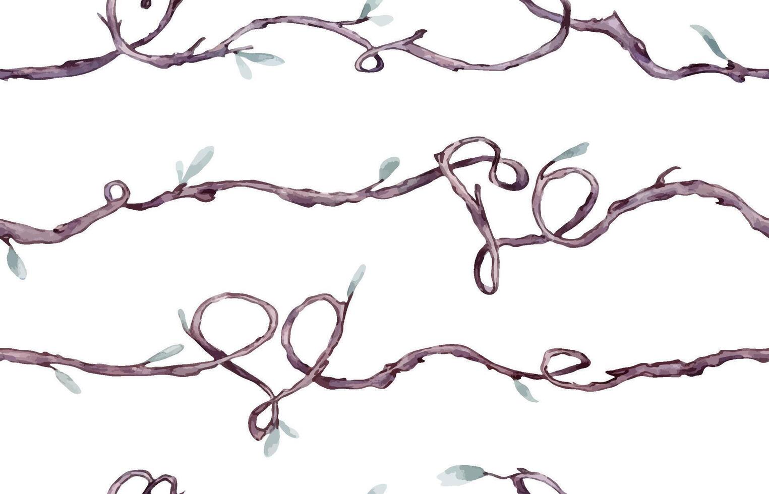 Seamless border of branches with form hearts in watercolor isolated. Curvy twig liana with simple green leaves on repeating pattern hand drawn. Elements for natural designs, Valentine day, wedding. vector