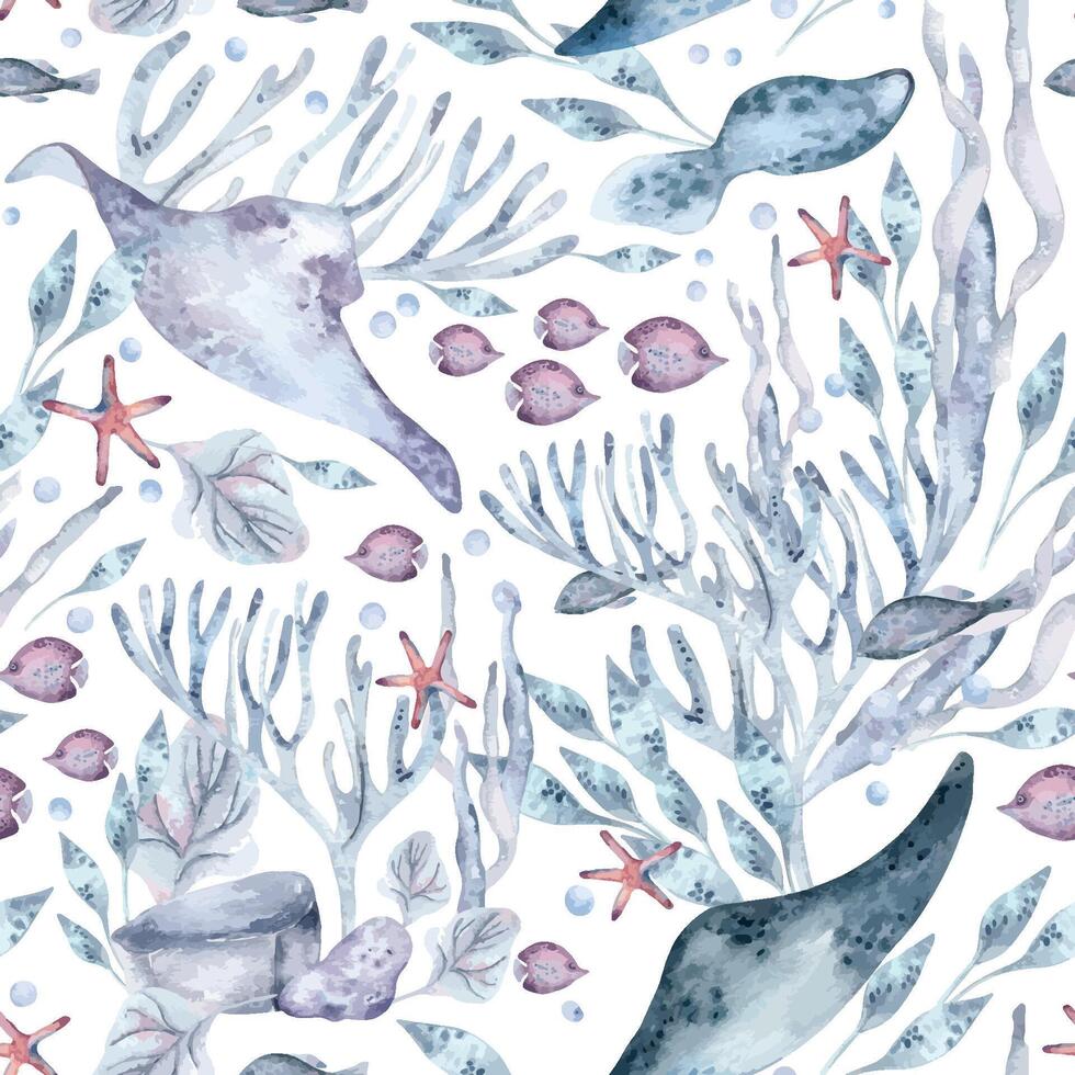 Watercolor underwater scene featuring marine life, stingrays, starfish, and seaweed in soft pastel colors. Underwater seamless pattern of creatures, plants isolated for marine design, home textile vector