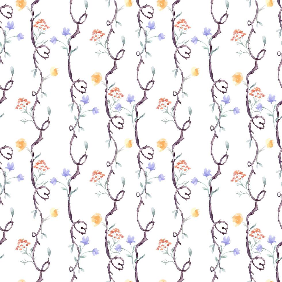 Seamless branches, flowers and hearts by watercolor pattern isolated. Vertical tree repeating background with delicate orange blue hand drawn flowers. Nature wallpaper with botanical plant elements vector