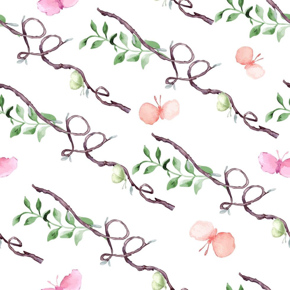 Watercolor seamless pattern of delicate branches, green leaves, and pastel butterflies isolated. Tree of hearts shape on repeating texture for textile design, wallpapers and spring-themed paper vector