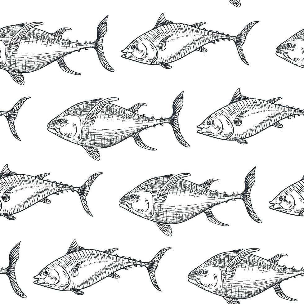 Tuna fish black white seamless pattern. Sea fish monochrome sketch hand drawn repeated texture. Yellowfin tuna engraving ink background. Kingfish graphic for design textile, wrapping paper. vector