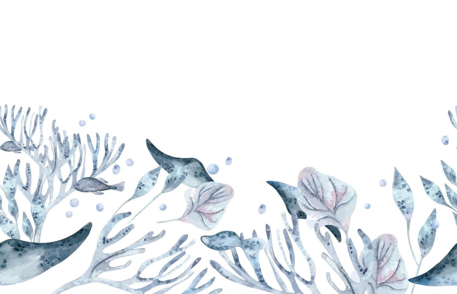 Underwater seamless border watercolor blue monochrome with coral, stingray and sea plants illustration isolated . Seabed with creatures in dusty blue and lavender hand drawn on repeated background. vector